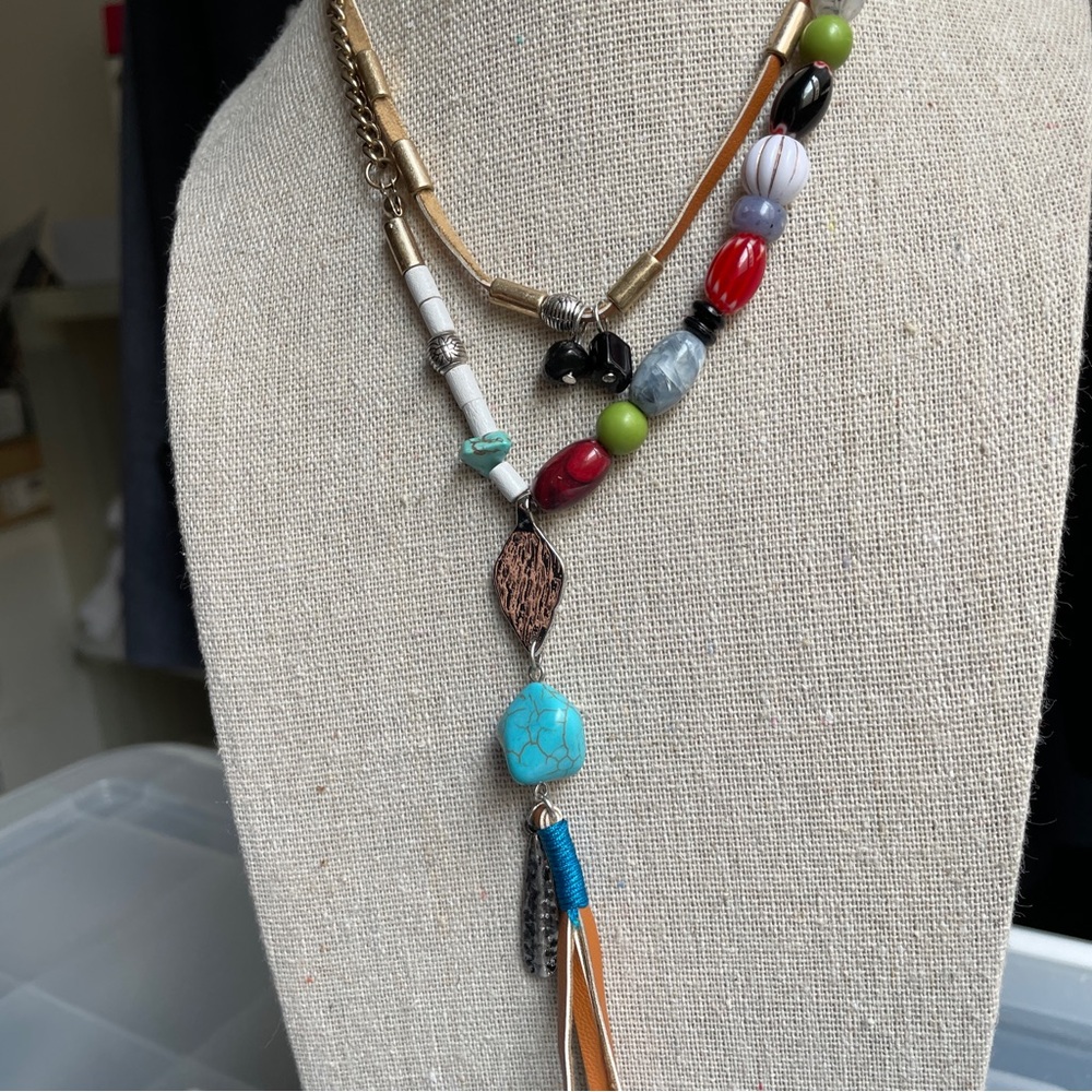 Colorful Beaded Lariat Layered Necklace with Turquoise & Silver Charms - Picture 14 of 16